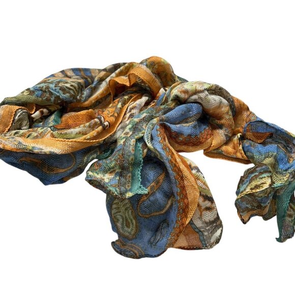 Rich orange slate blue Paisley print scarf - Picture 3 of 4